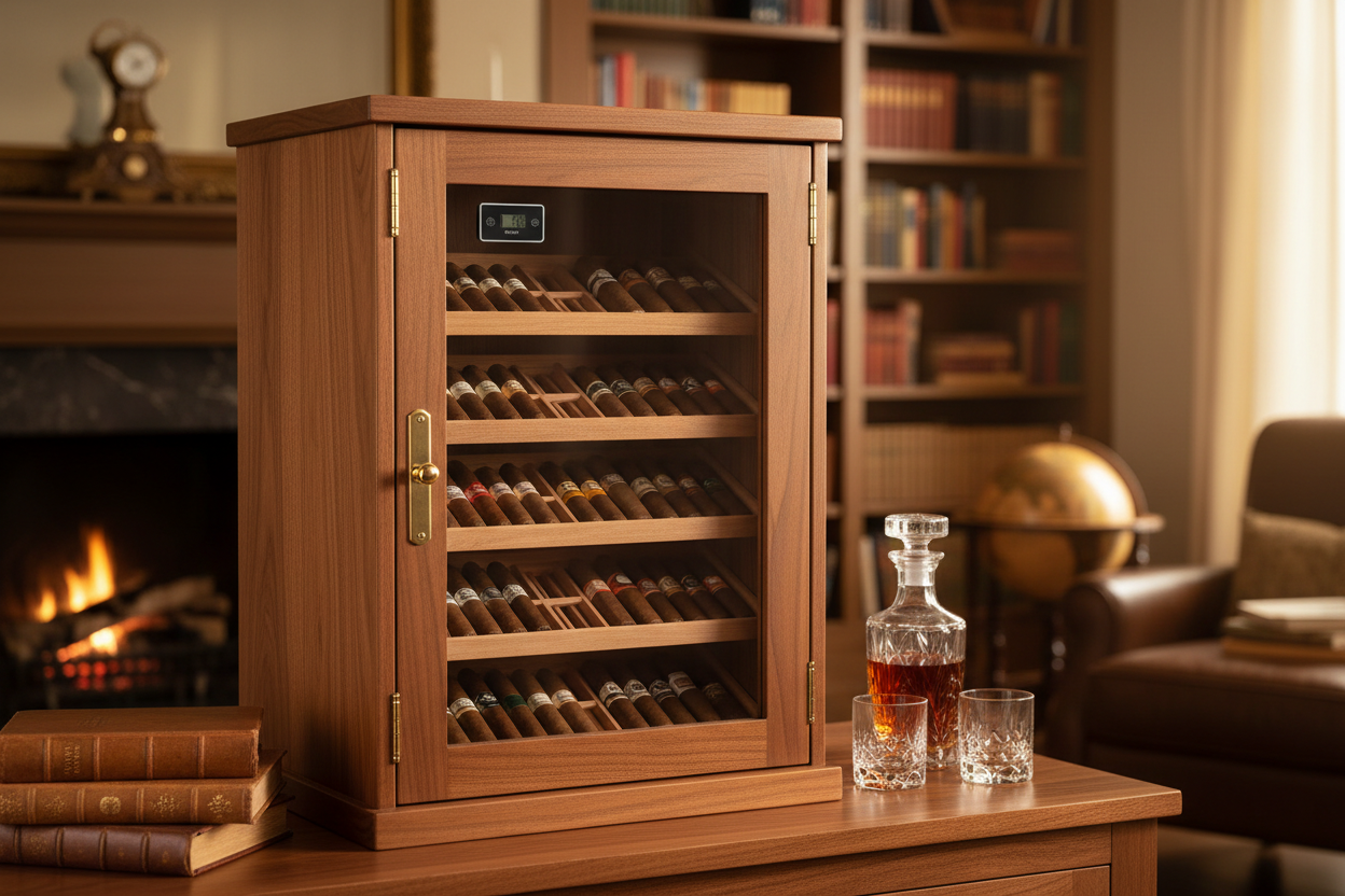 Cabinet cigar humidor with glass door in luxury library