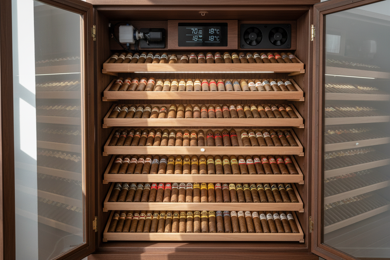 Cabinet humidor interior showing Spanish cedar shelves with cigars