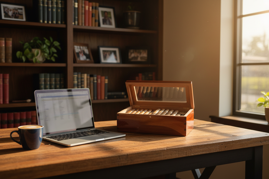 Desktop humidor in home office setting