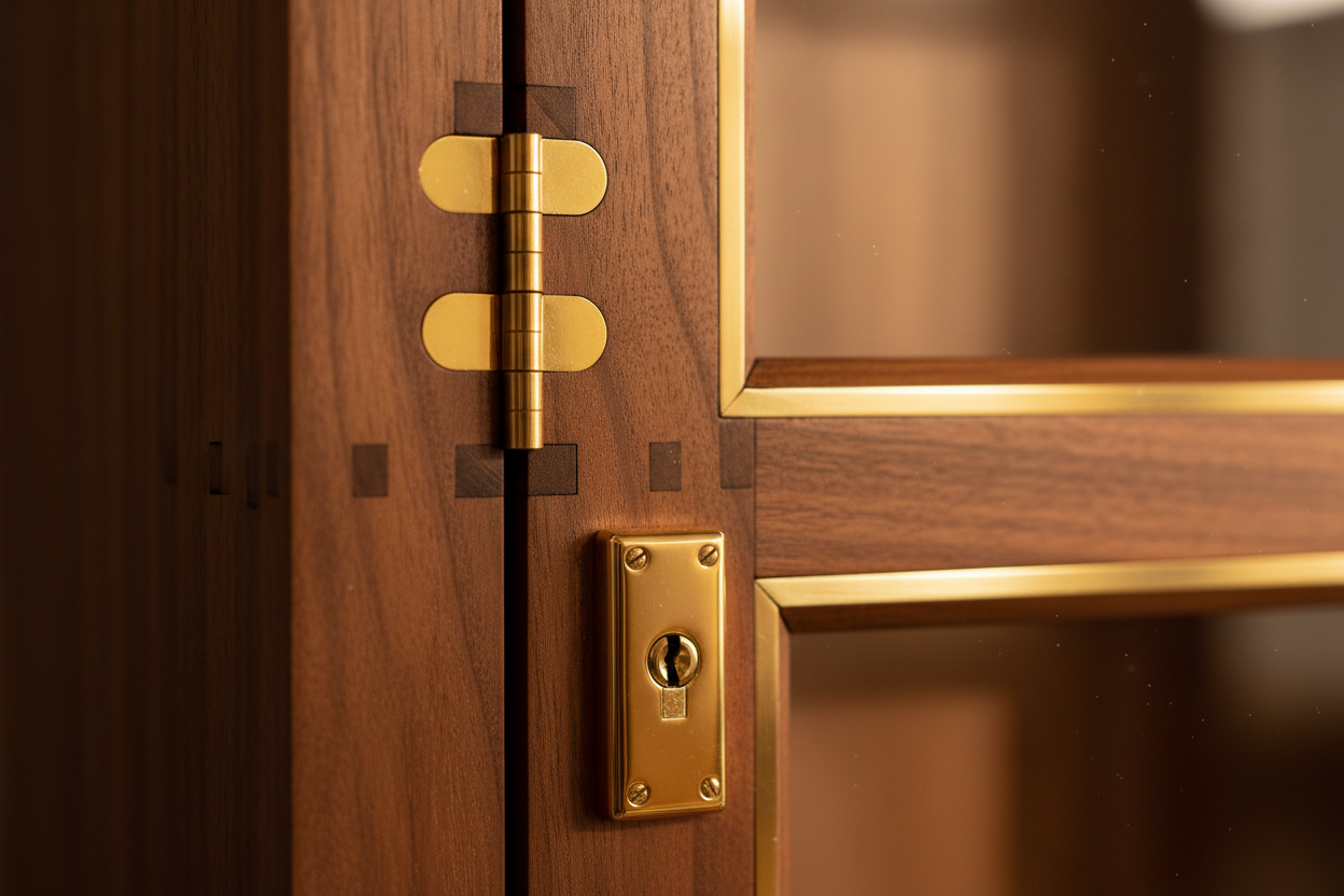 Close-up detail of cabinet humidor glass door and brass hardware
