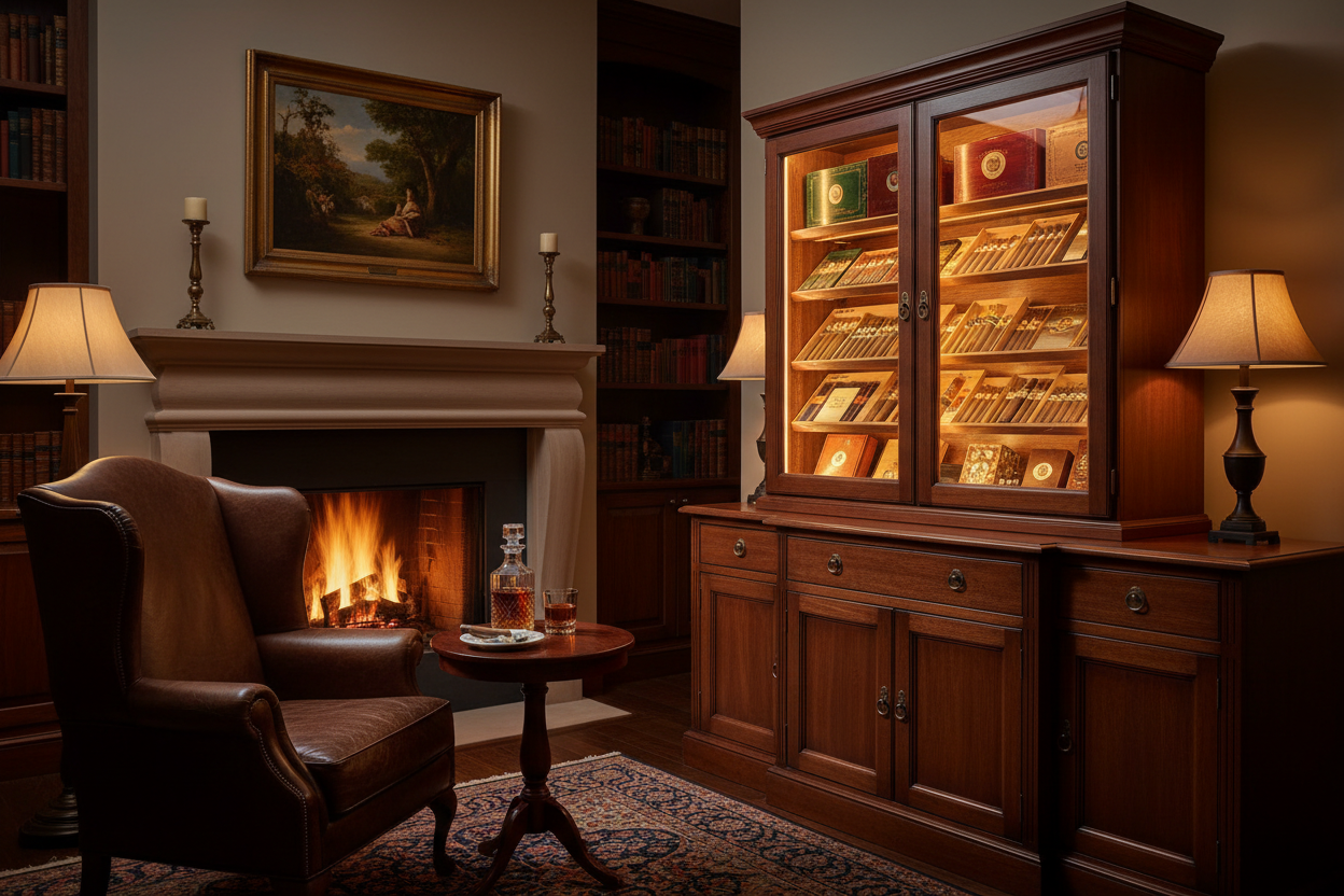 Cabinet humidor in elegant cigar lounge setting